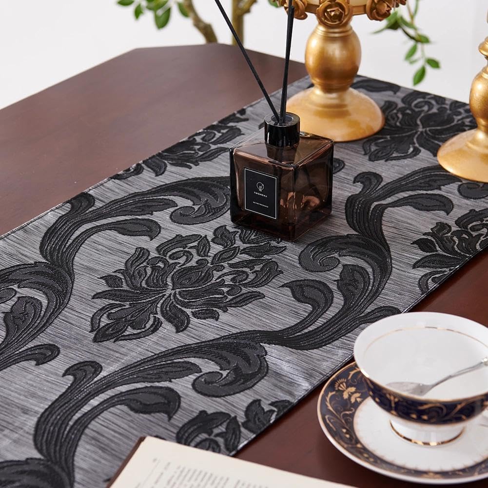 Elegant Luxury Table Runner for Dining Table, Vintage Design Premium Quality Jacquard Fabric Decorative Tablecloth, Perfect for Home (Black,13" W x 72" L (Pack of 1)) image 4
