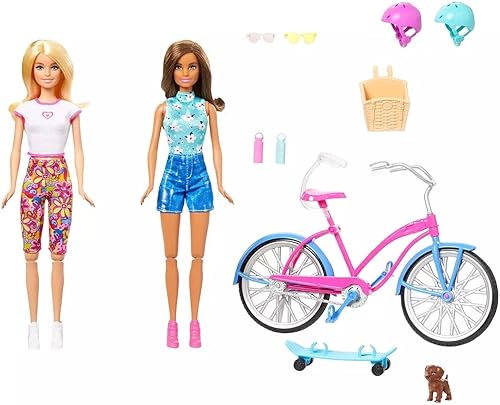 Miniatura 2 de Barbie Conjunto de juego de bicicleta al aire libre, muñeca rubia y morena con cachorro, juego de diversión de verano, HJY84