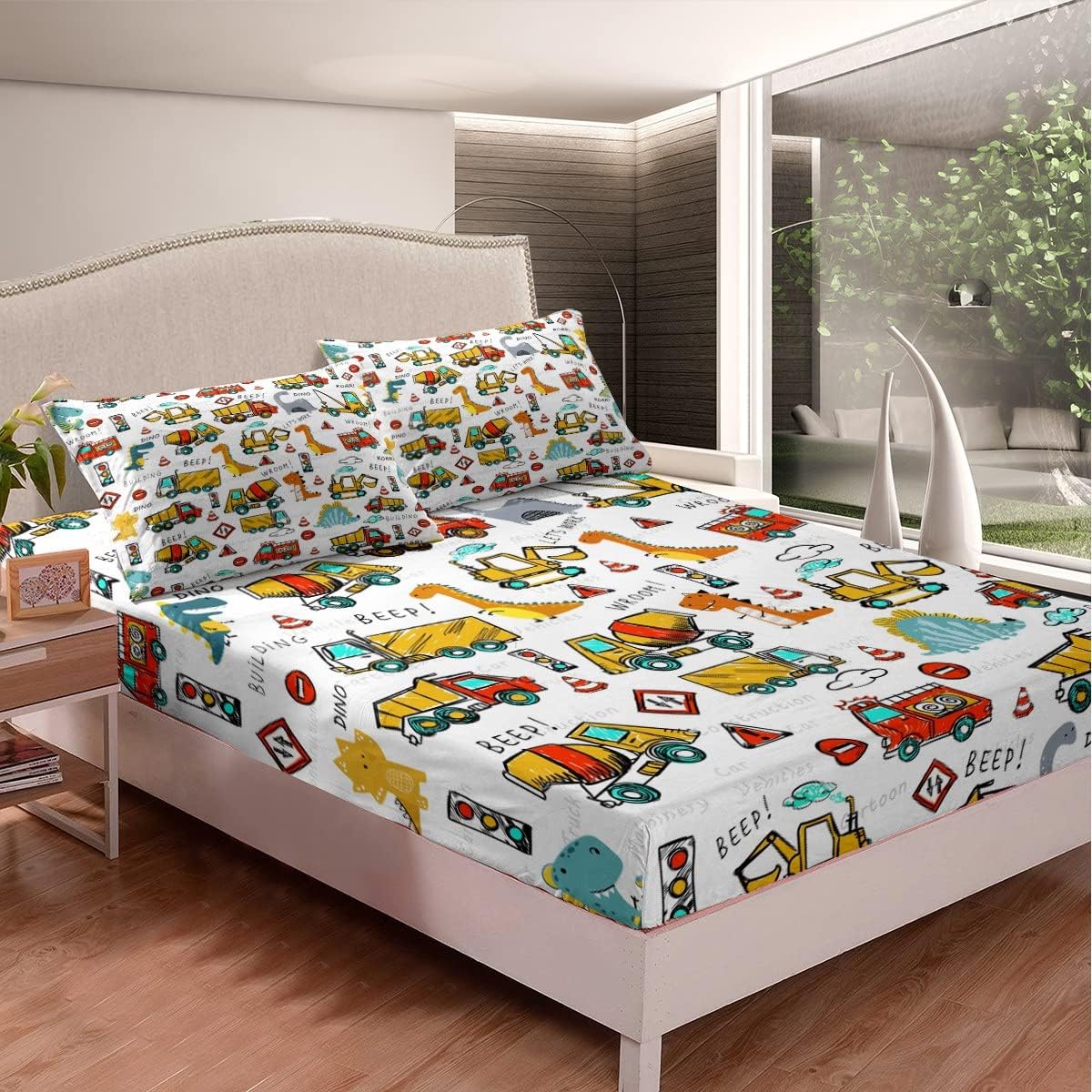 Dinosaur Bed Sheet Set Kids Cute Dino Construction Fitted