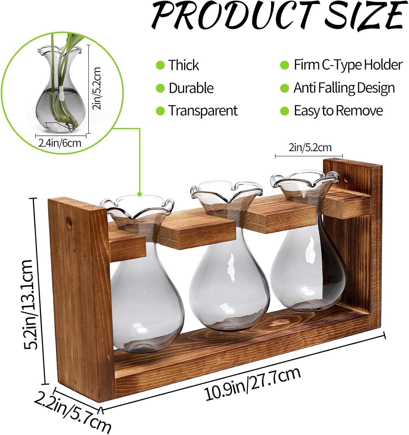 Plant Propagation Station Plant Terrarium Unique Birthday Gifts for Women Home Office Decor Planter with Wooden Stand - 3 Bulb Glass Vase - Image 3