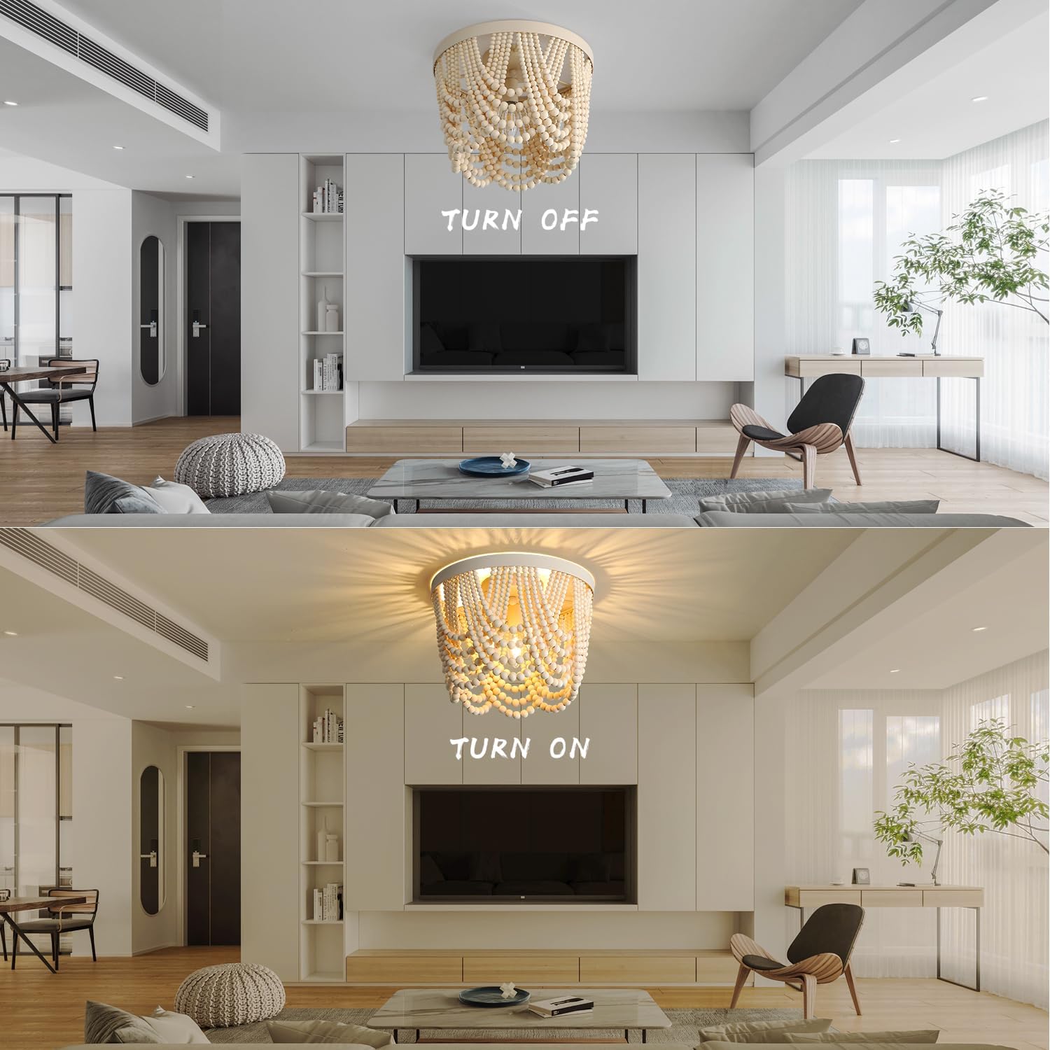 Bohemian Wood Beaded lamp 3-Light recessed Mounted Ceiling lamp Primary Color Antique Rustic mini Chandelier for Dining Room, Bedroom, Girl Room，Nursery, Hallway, Entrance, Passageway