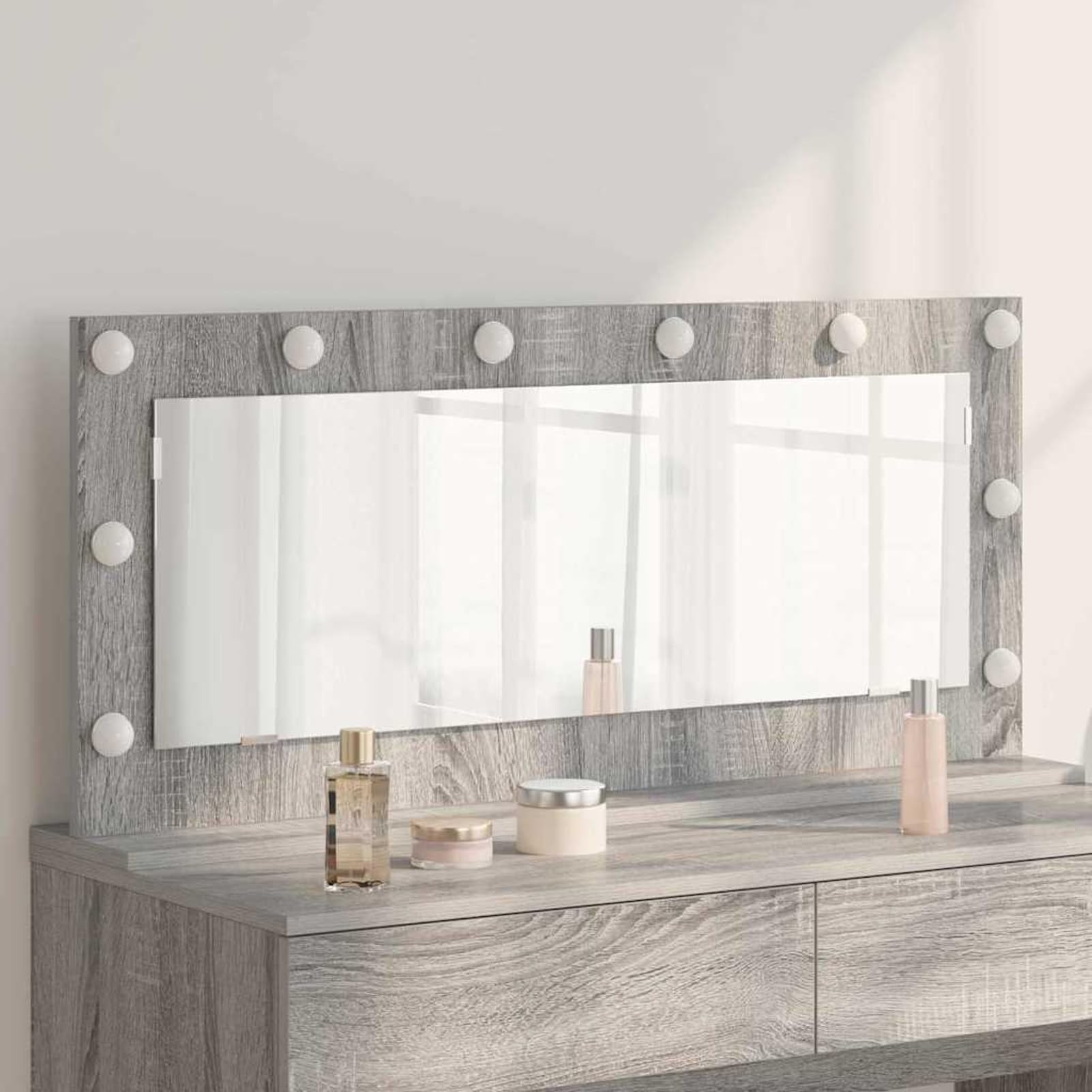 Gecheer Schminkspiegel mit LED-Lichtern Grau Sonoma 100x45x18 cm, Deko Spiegel Bathroom Mirror für Badezimmer Make-up Rasur Wohnung Hotel868330
