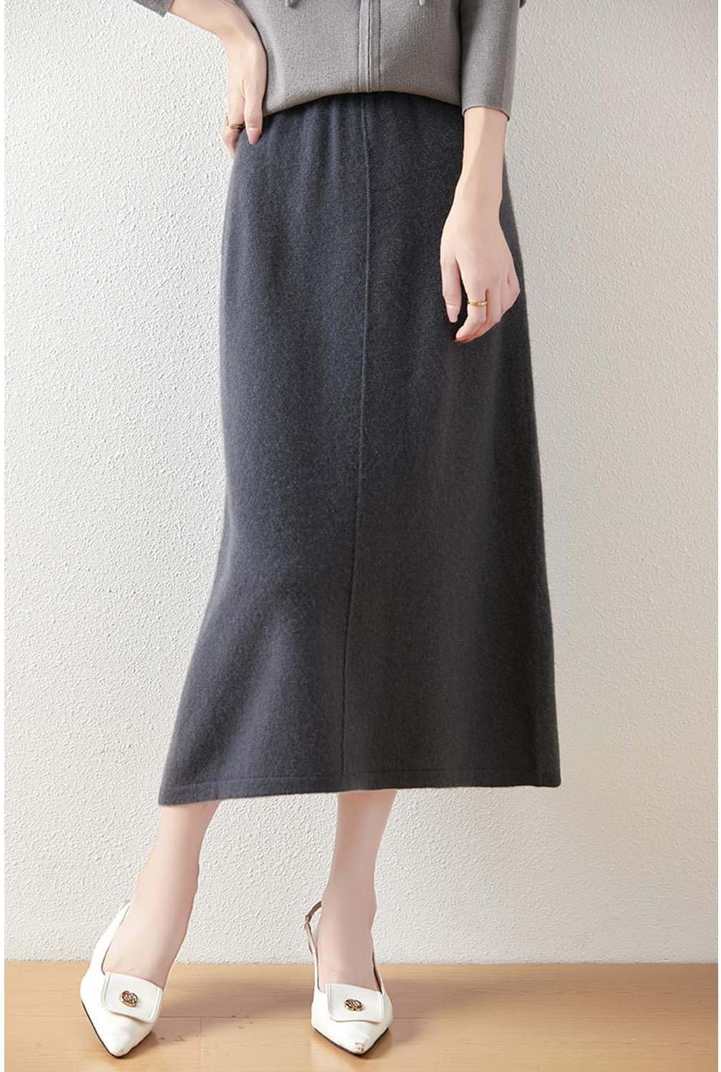 Mid Length Skirt Women Fall Winter 100% Merino Wool Knit Long Skirt Ribbed Elastic Solid Casual Warm Skirt - Image 2