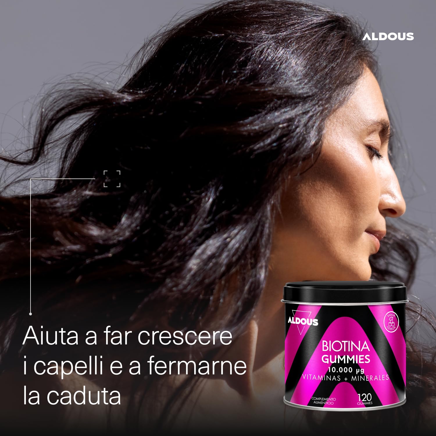 Biotina Capelli 10000 mcg - 120 Caramelle Gommose gusto Ciliegia - Integratore per Capelli, Pelle, Unghie - Acido folico, Zinco, Selenio, Iodio - Vitamine per Capelli - Vegan - ALDOUS