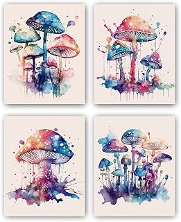 Magic Mushrooms wall Art Prints，Psychedelic Watercolour Mushrooms Poster - Kitchen, Dining Room Decor - Wall Art for Cafe, Restaurant - Unique Housewarming Gift,Set of 4 (8”X 10” ， No Frame
