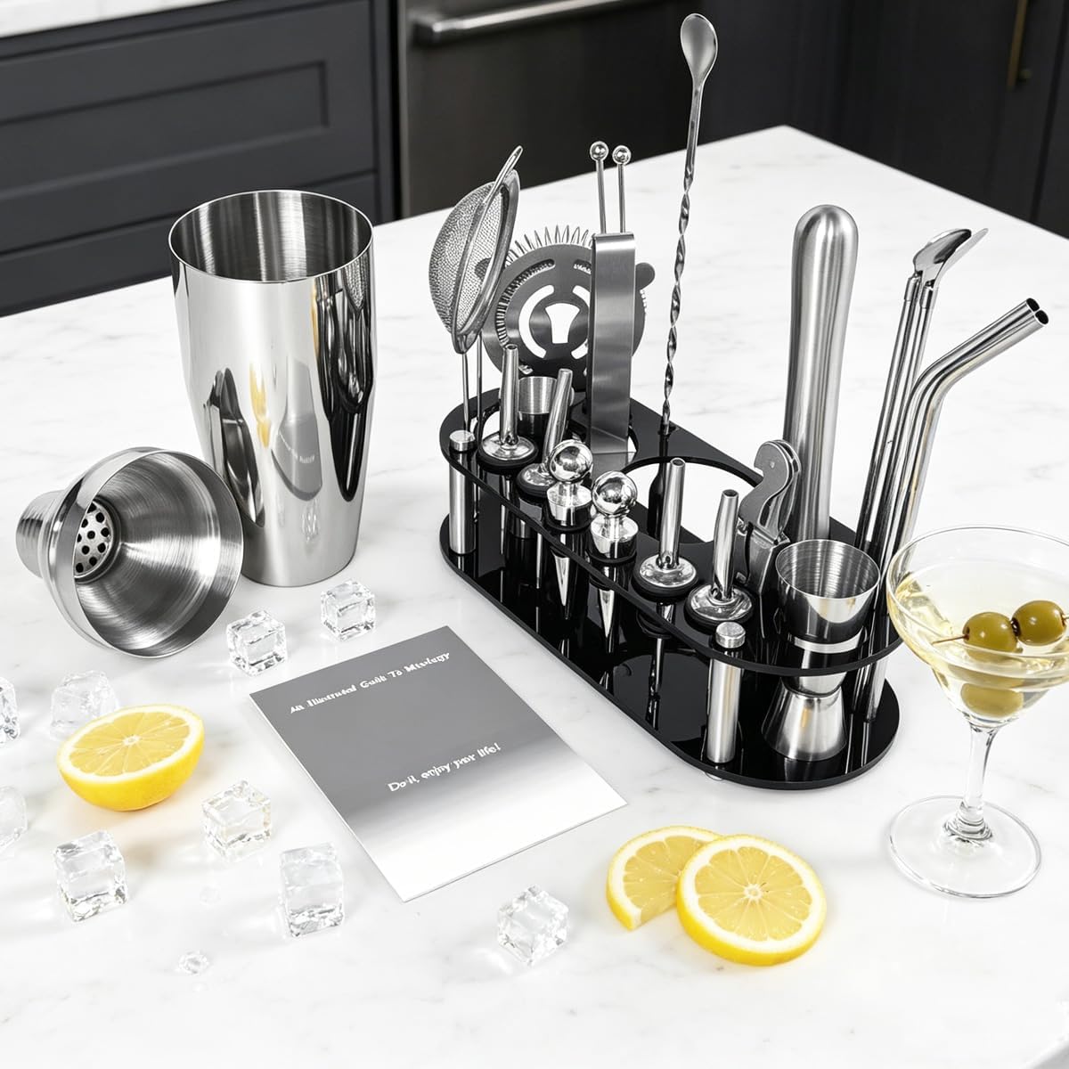 22-Piece 25oz Cocktail Shaker Set, Bartender Kit with Stand, Jigger for Bartending Kit, Bar Set Cocktail Shaker Set, Drink Mixer Set, Cocktail Set Recipe Home, Bar, Party (Stainless Steel)