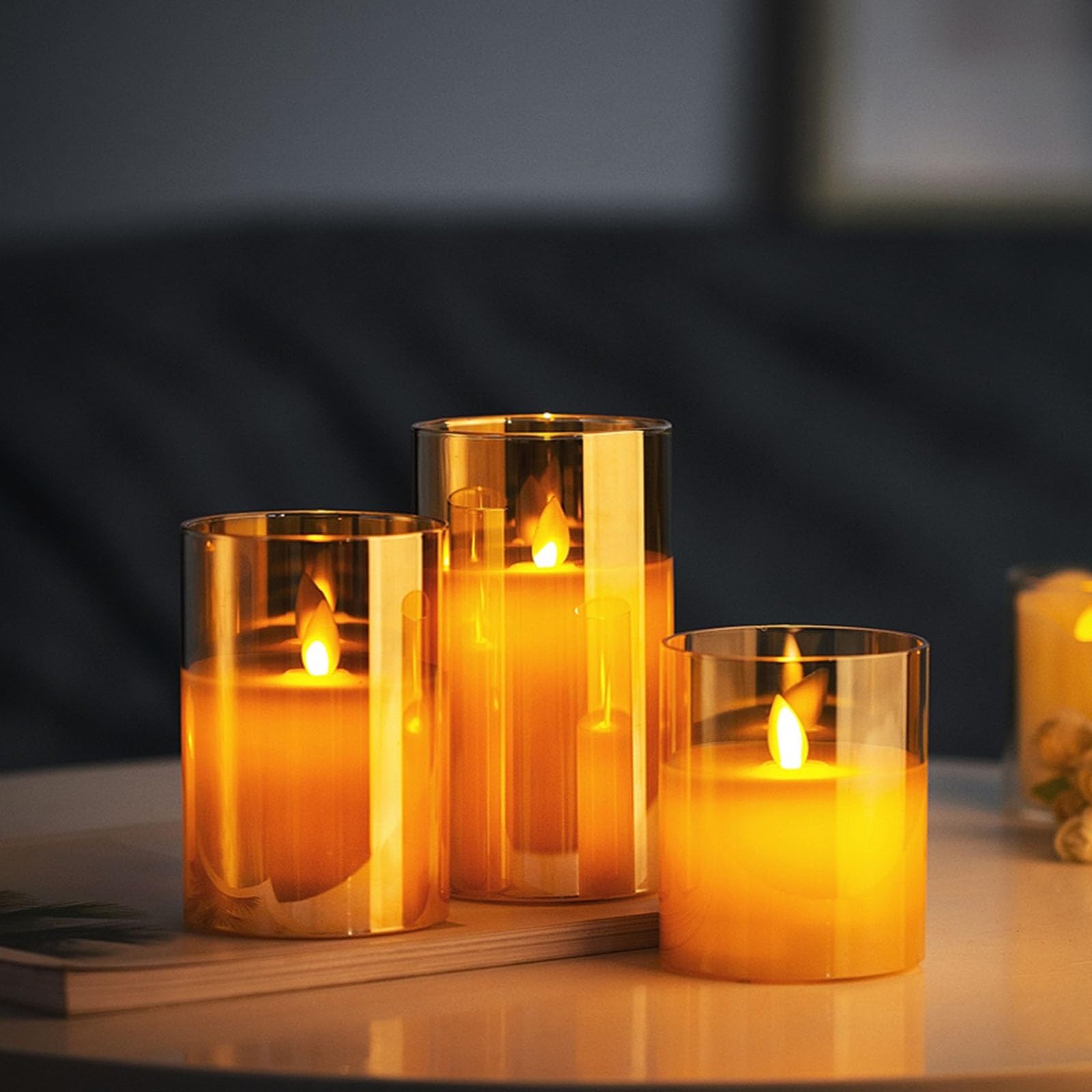 Candela senza fiamma in vetro ricaricabile con timer, telecomando, candela a colonna a LED, paraffina pura, set da 3 (Color : Amber)