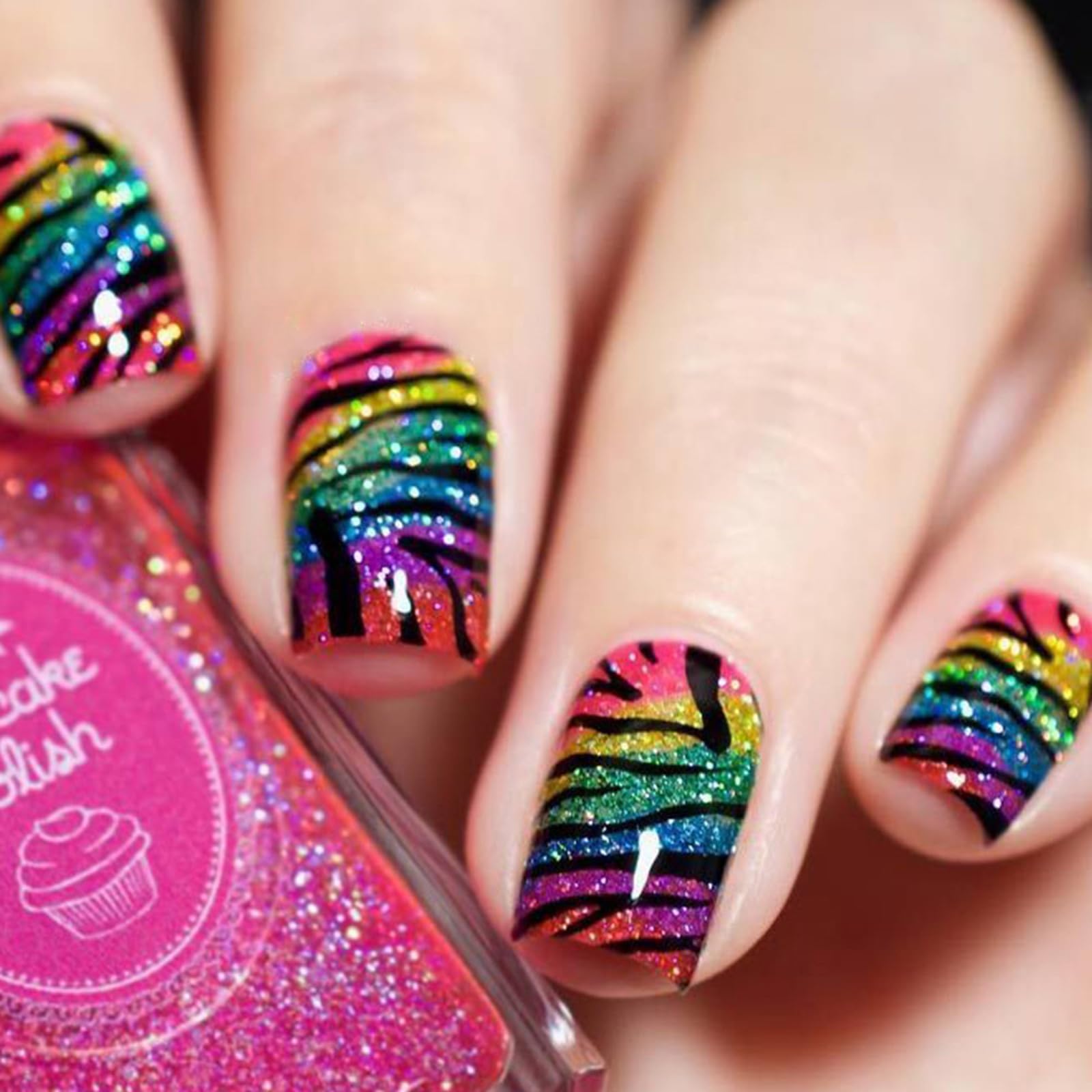 Colorful Press on Nails Medium Square Fake Nails Full Cover False Nails with Designs Shiny Glitters Glue on Nails Cute Rainbow Zebra Print Glue on