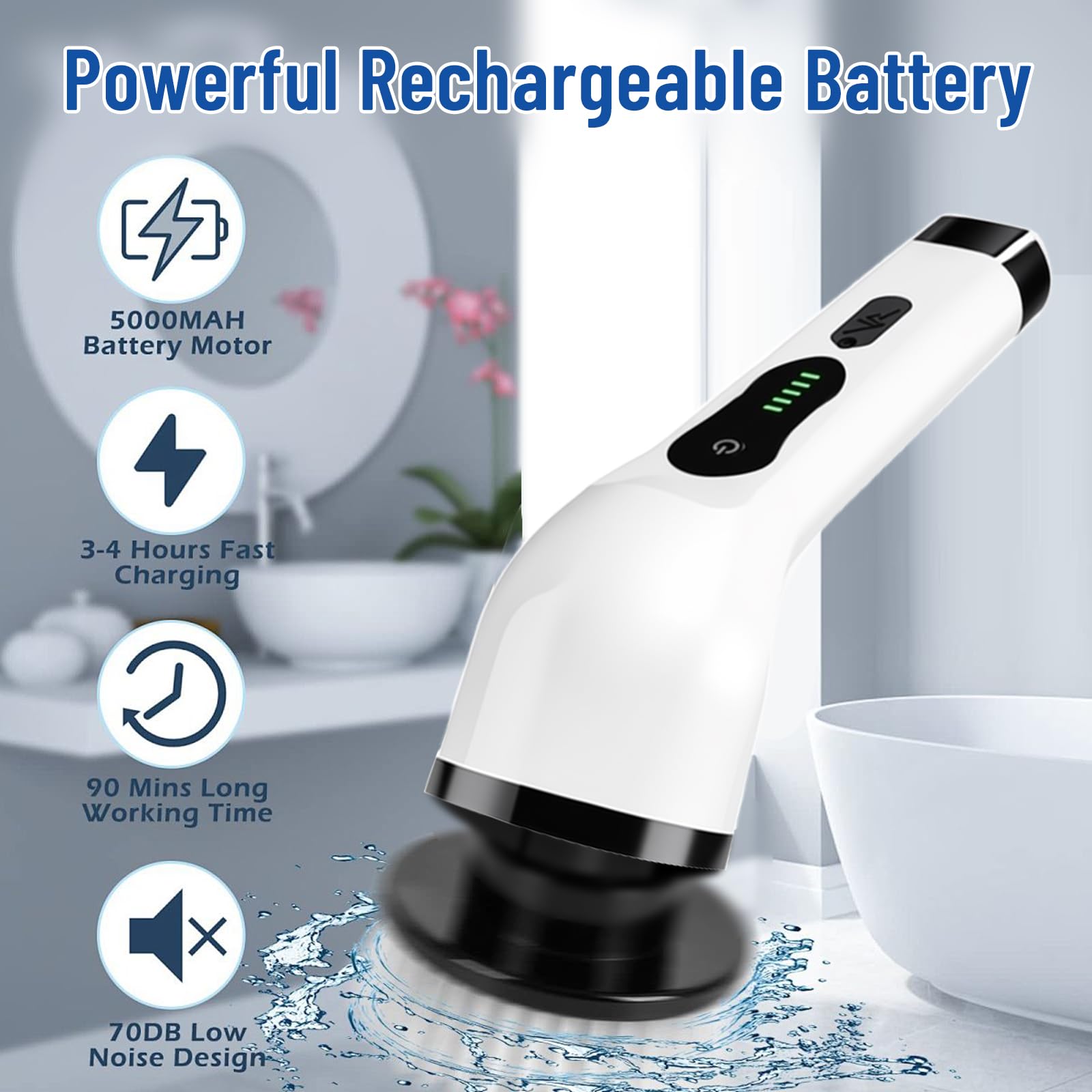 Limpiador giratorio eléctrico, cepillo de limpieza inalámbrico con 12 cabezales de cepillo reemplazables, depurador de potencia de 360 grados de doble velocidad con mango ajustable y desmontable para