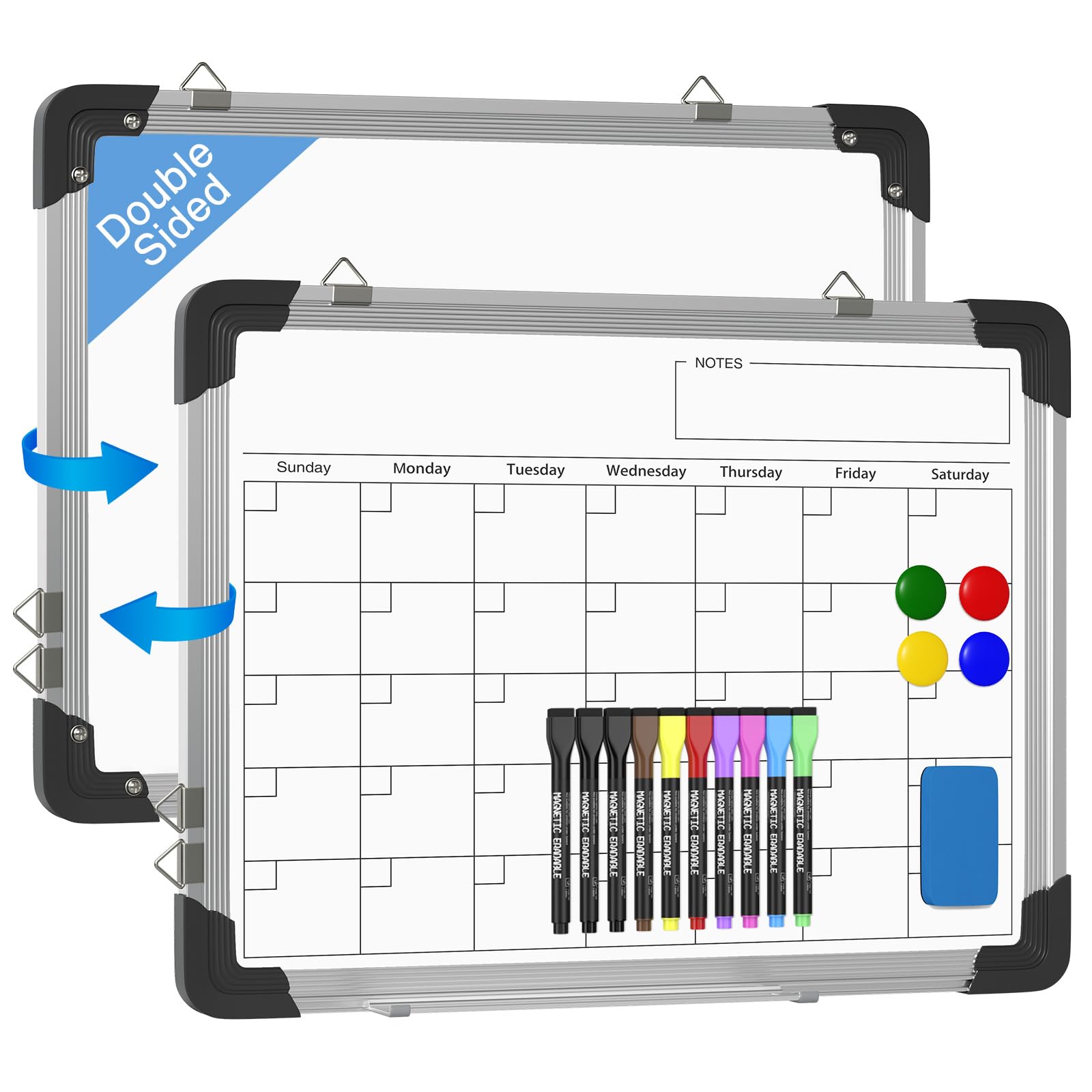 Monthly Calendar Whiteboard for Wall, 30 x 40cm Magnetic Planner White Board Small Double-Sided Dry Erase Chalkboard, 10 Markers, 4 Magnets, 1 Eraser for School Home Office Gym to Do List Memo