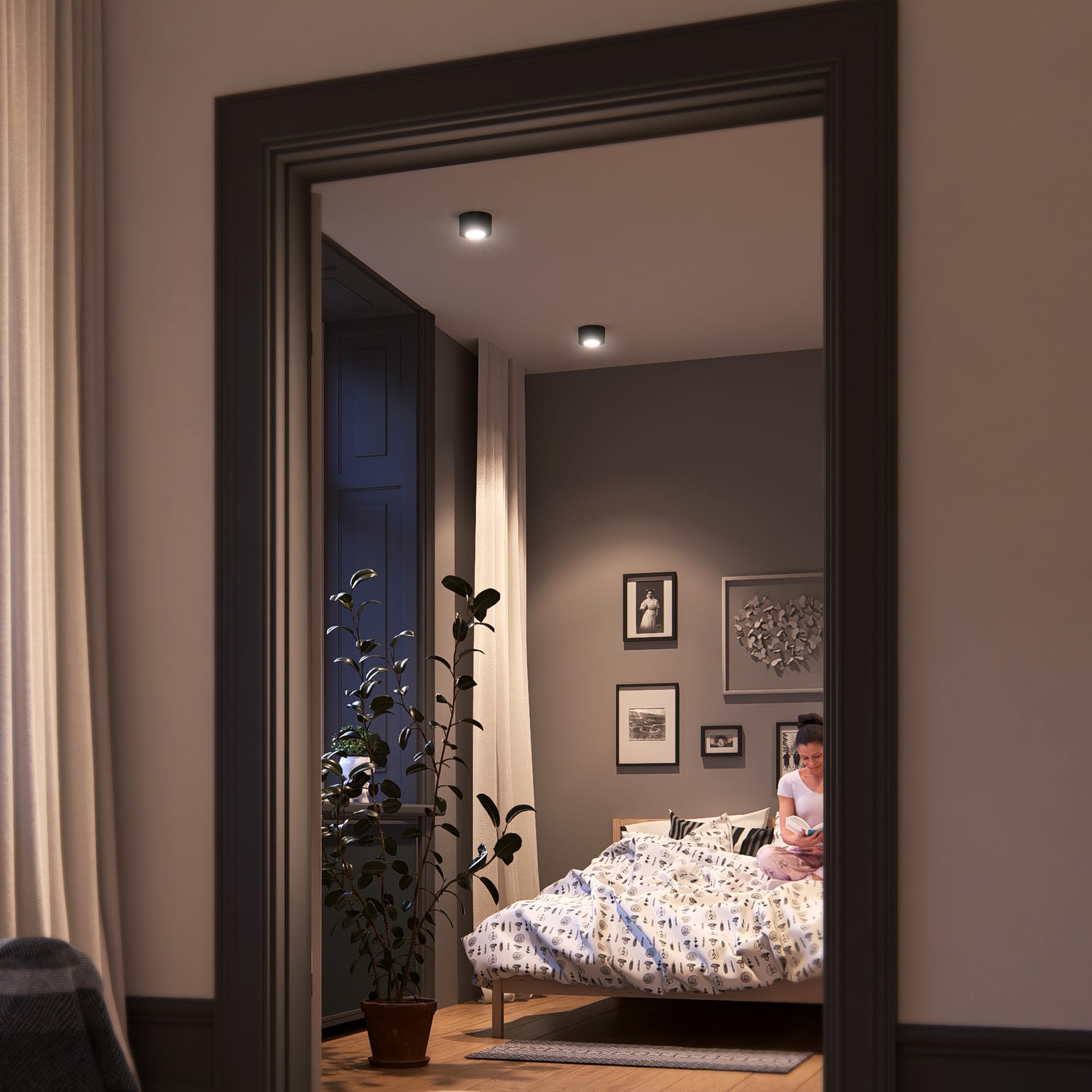 linovum TASI Aufbauspot schwarz rund flach Ø108mm 6W warmweiß Lichtfläche | Flacher Deckenspot schwarz - gewölbte Leuchtfläche, warmweiß, für Wohnzimmer, Flur & Büro, direkt an 230V, festverbaute LED