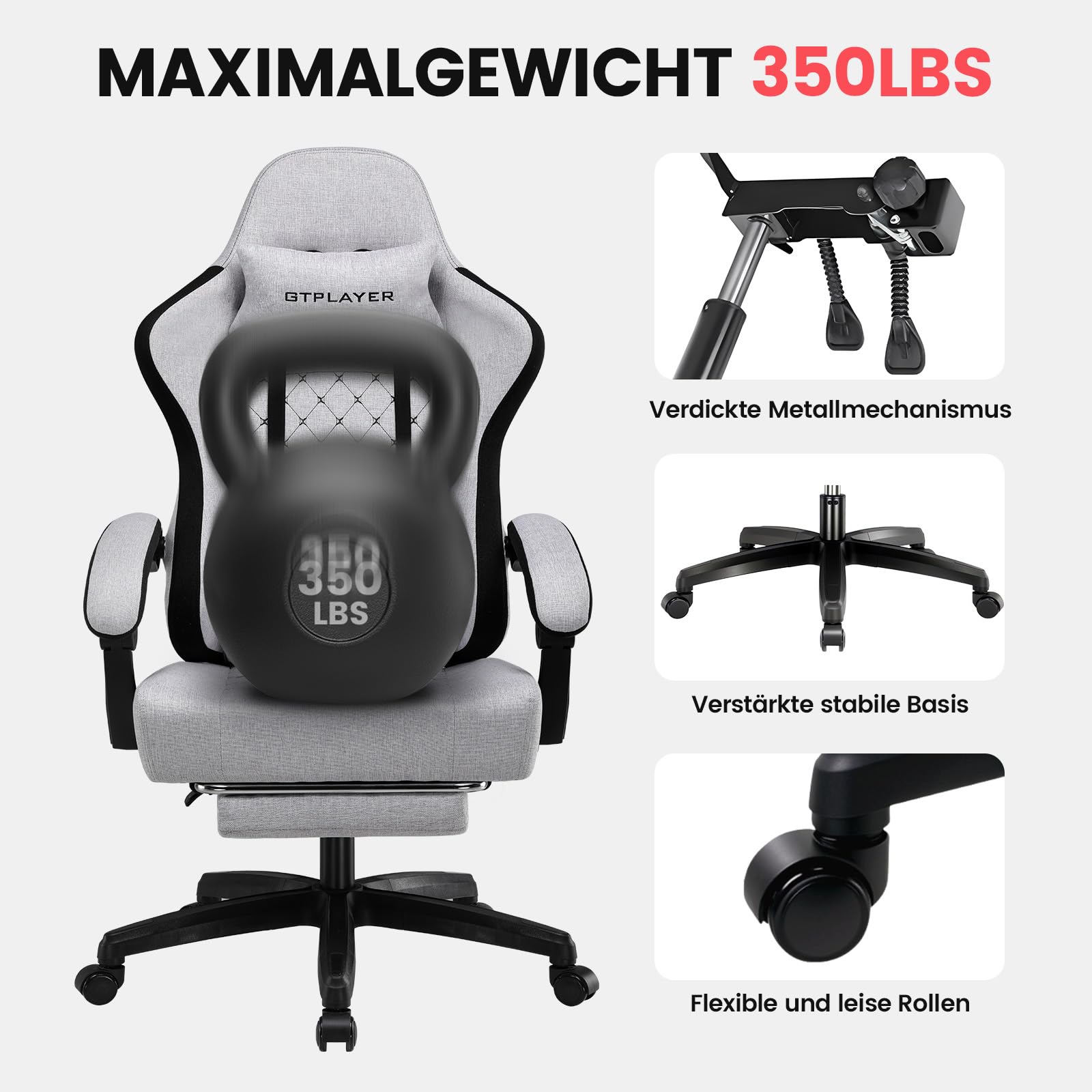 GTPLAYER Gaming Stuhl Stoff, Gaming Sessel mit Taschenfederkissen, ergonomischer Drehstuhl, Gamer Stuhl mit Fußstütze,150 kg Belastbarkeit, hellgrau