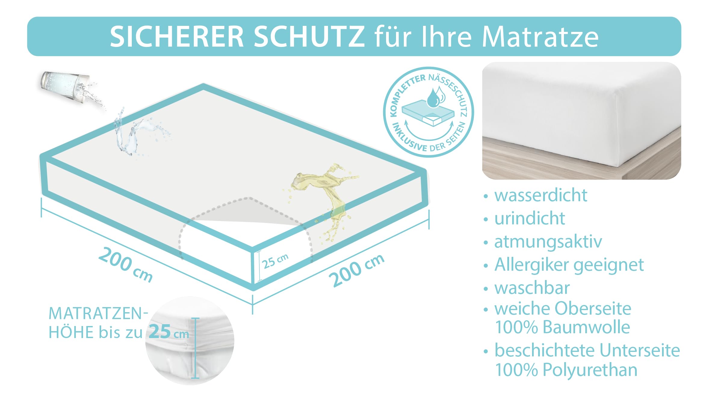 Castejo Matratzenschutz als Spannbetttuch mit PU Beschichtung zusätzlich auch an den Seiten, Hygieneschutz, Inkontinenz, Spannlaken,Bettlaken, Pflege, CA1075 Größe: 200x200cm