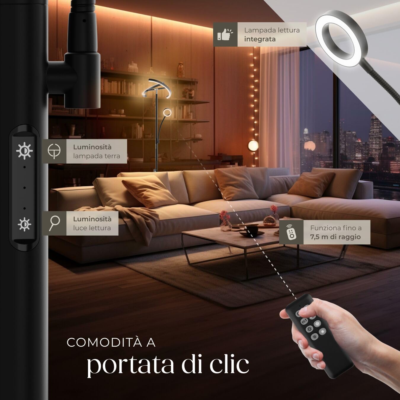 tectake® Lampada da Terra LED 20W, Piantana LED con Luce da Lettura Integrata, Arco Flessibile, Dimmerabile, Temperatura Colore Regolabile, Pannello Touch, Telecomando Magnetico - Nero