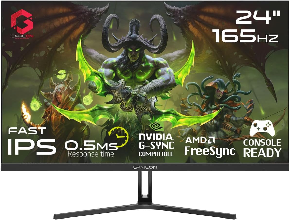 GAMEON New 2025 1920x1080p Gaming Monitor 24 inch, GOE24FHD165IPS, FHD IPS,165Hz, 0.5ms, 2.1 HDMI, G-Sync & FreeSync, HDR, Built-in-Speakers, Console Ready [Amazon Exclusive]