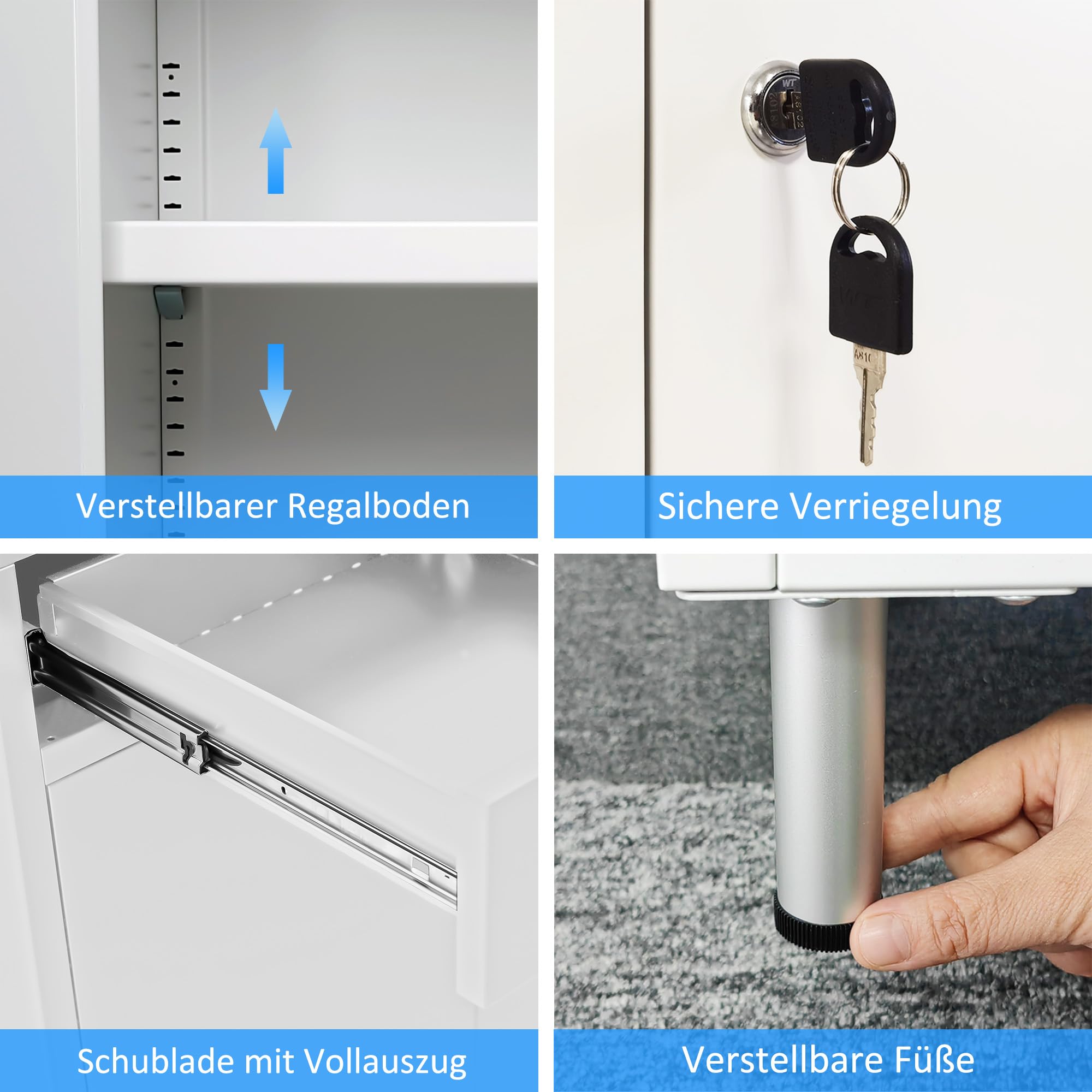 JINGUR Aktenschrank Büroschrank Lagerschrank Metallschrank Stahlschrank, Aufbewahrungsschrank aus Metall mit 2 abschließbaren Schubladen und verstellbarem Einlegeboden (Weiß)