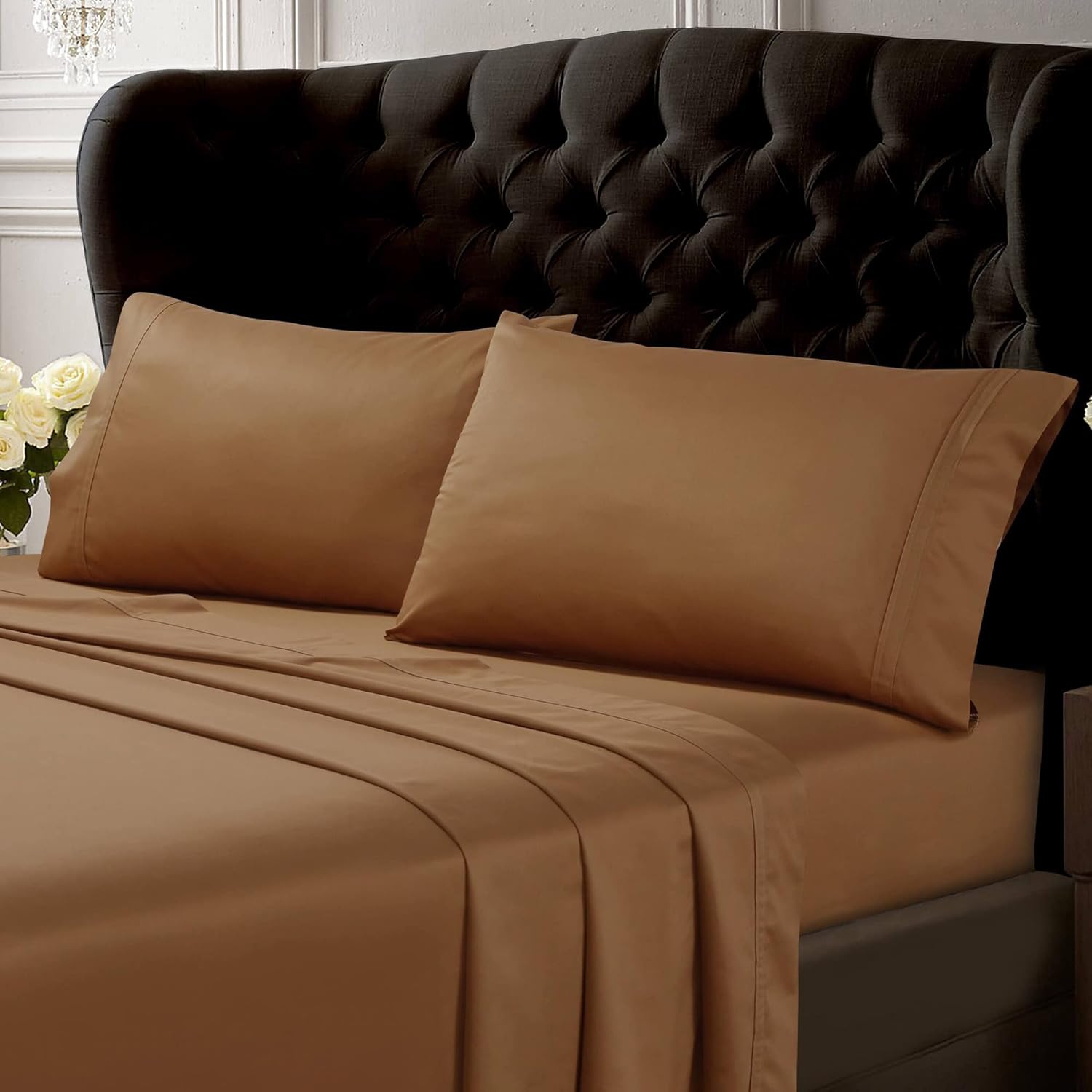Tribeca Living Egyptian Cotton Sateen Pillowcases King, Set of 2 Bed Pillow Covers, Solid, 500 Thread Count, Luxury Bedding, Café