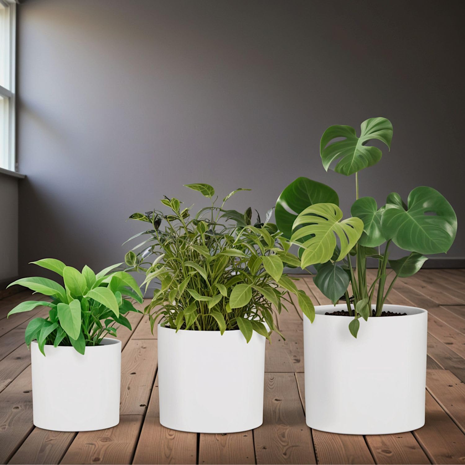 Fox & Fern Matte White Plant Pots (Set of 3) - Premium Lightweight Fiberstone 8'', 10'' and 12'' Planters for Indoor and Outdoor Use; White Planters for Indoor Plants with Drainage Plug