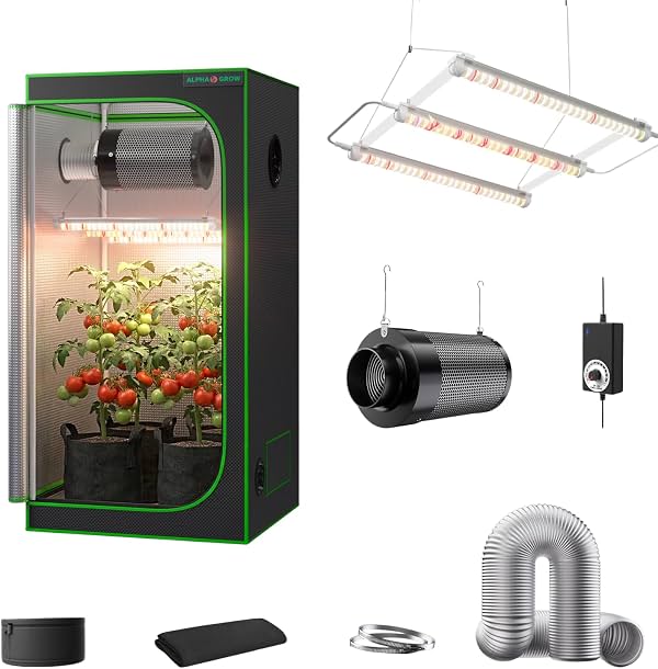 Kit completo de carpa de cultivo de 2x2 pies, carpa de cultivo interior de 24x24x48 pulgadas con barras de luz LED de espectro ABA de 33W, ventilador en línea de 4 pulgadas 2 en 1 con filtro de carbón, controlador de ventilador, conducto de 4 pulgadas y 8 pies, sistema de cultivo hidropónico