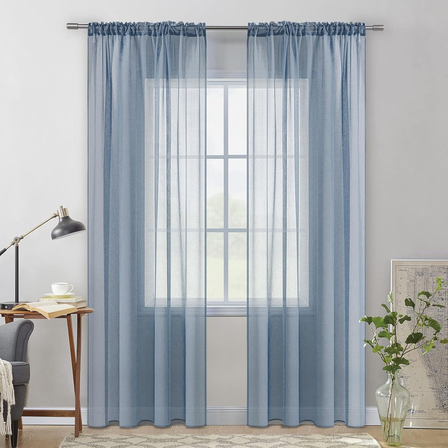 MIULEE Dusty Blue Linen Textured Sheer Curtain for Bedroom/Living Room Semi Transparent Rod Pocket 2 Panels W54 x L84 inch Long Bundle 2 Panels Dusty Blue Semi Sheer Window Curtains Grommet 54x84 inch