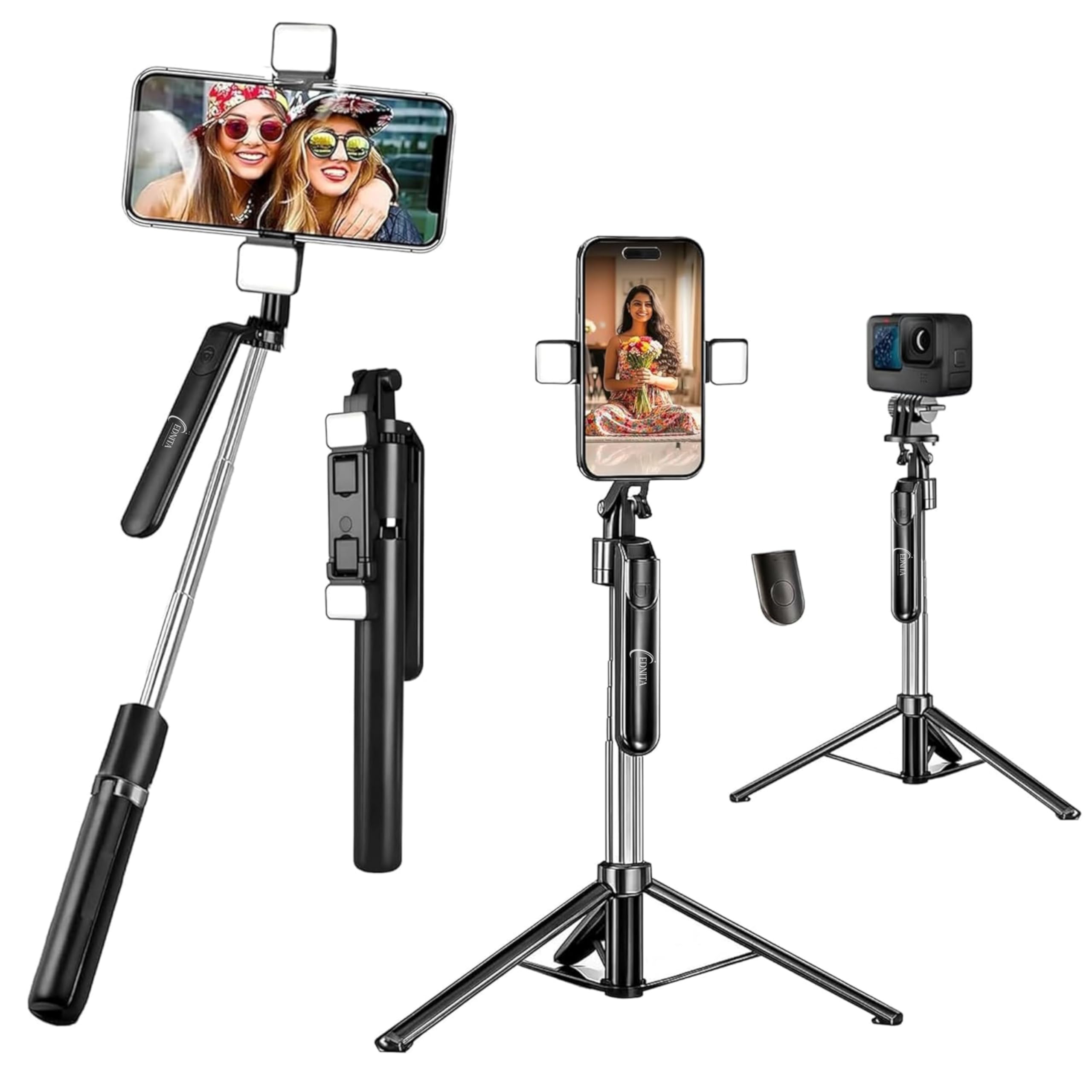 EDNITA E16T Selfie Stick Tripod with Dual Light 67"/1.7m, 360° Rotation Grip Handle for Anti Shake Shooting, Multifunctional Bluetooth Tripod for Mobile Phone Vlogging, Live Stream and Travel-image-33