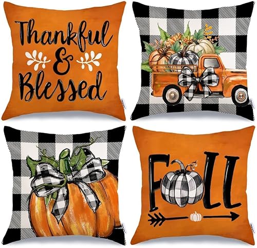 GEEORY Juego de 4 fundas de almohada decorativas de otoño de 18 x 18 pulgadas, diseño de calabazas, diseño de búfalo bendecido con texto en inglés