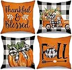 GEEORY Fall Decorative Throw Pillow Covers 18 x 18 Inch Set of 4, Pumpkins Thankful Blessed Buffalo Plaid Fall Decor Outdoor Farmhouse Pillow Cases for Home Couch (Orange Color) G337-18