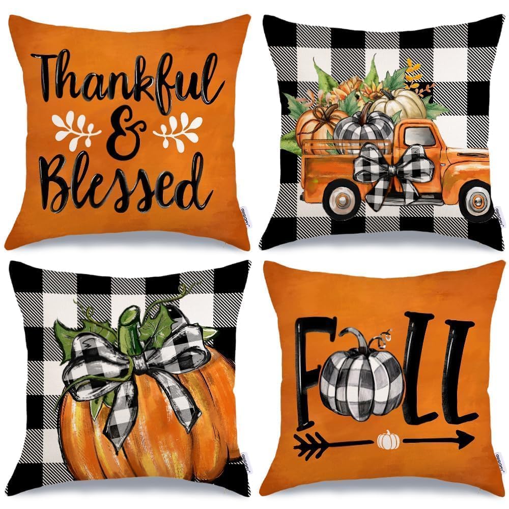 GEEORY Fall Decorative Throw Pillow Covers 18 x 18 Inch Set of 4, Pumpkins Thankful Blessed Buffalo Plaid Fall Decor Outdoor Farmhouse Pillow Cases