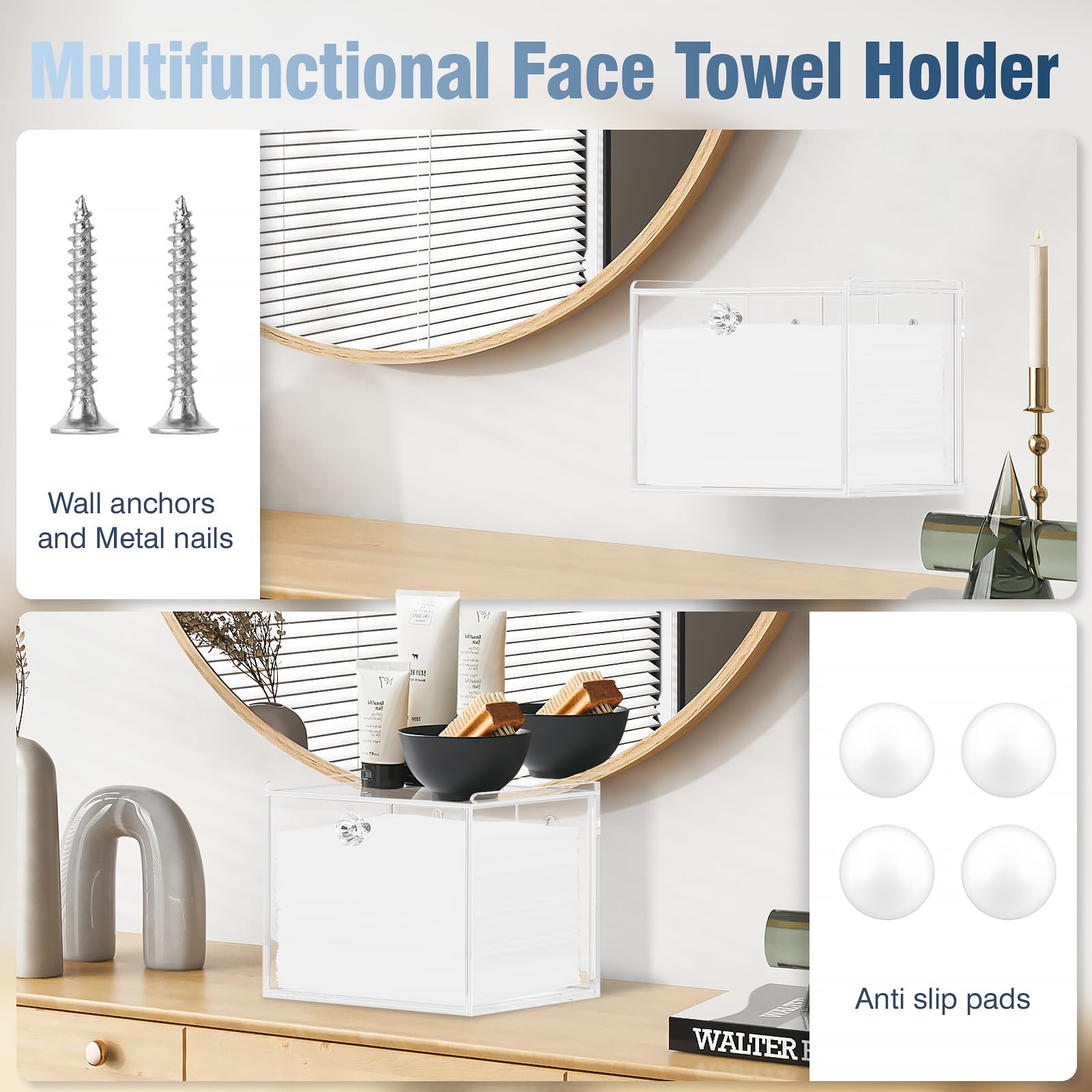 Caja desechable para toallas faciales con cajón, contenedores de almacenamiento acrílicos compatibles con toallas faciales limpias Clean Skin Club, organizador de maquillaje transparente para