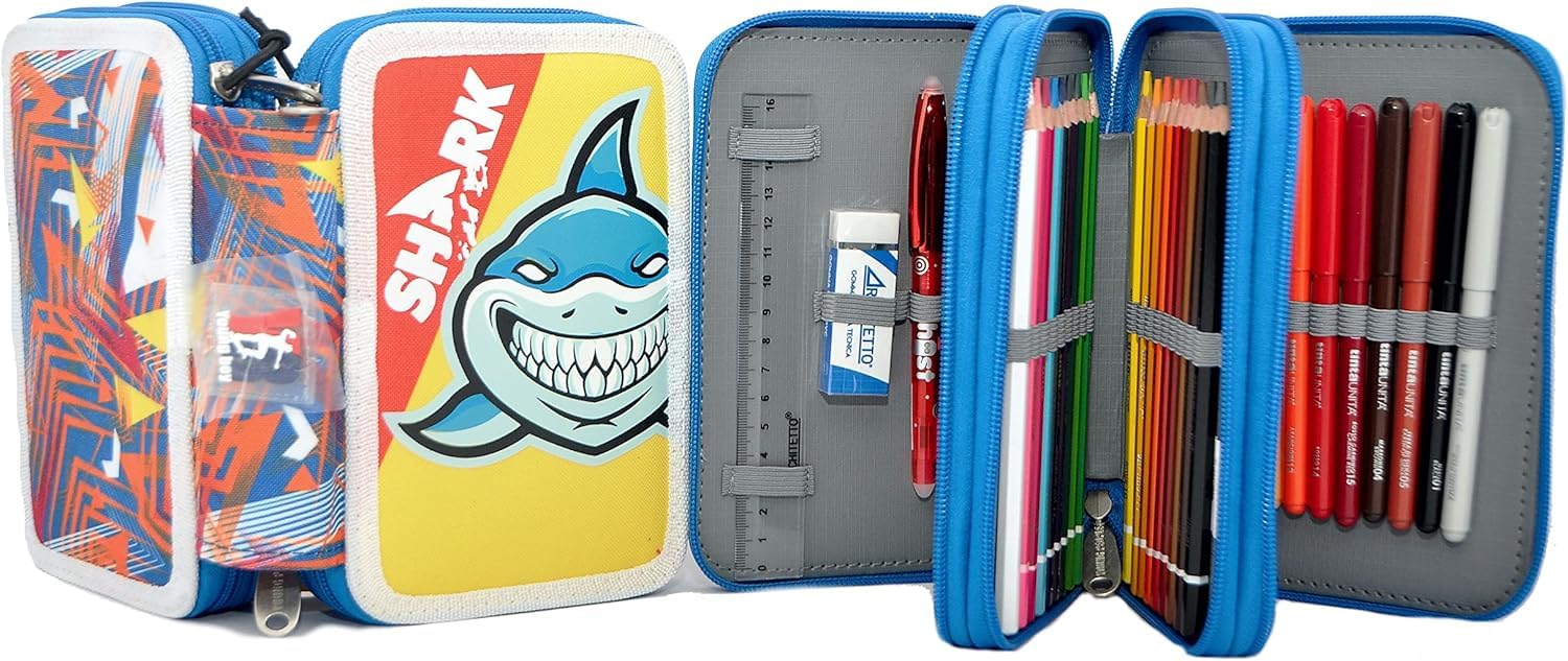 Generico ZAINO TINTA UNITA STARTER SHARK BOY 25LT + ASTUCCIO 3 ZIP COMPLETO DI COLORI