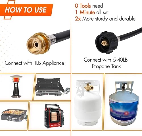 Miniatura 10 de Adaptador de manguera de propano de 12 pies de 1 libra a 20 libras, manguera adaptadora de propano de alta presión, adaptador de tanque de propano,