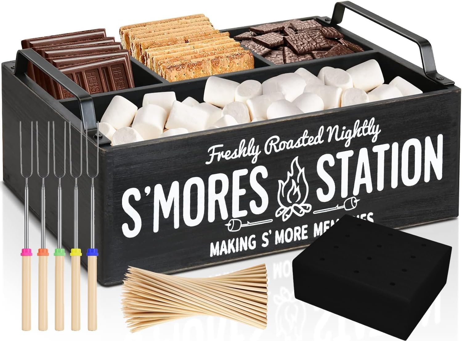 6 in 1 Smore staions with forks, Wooden stand and Bamboo sticks, Bag with Mat, Smores Caddy Organizer for Smores Bar Station for Smores Kit Camping Decor, Smores Organizer BBQ Housewarming Gift
