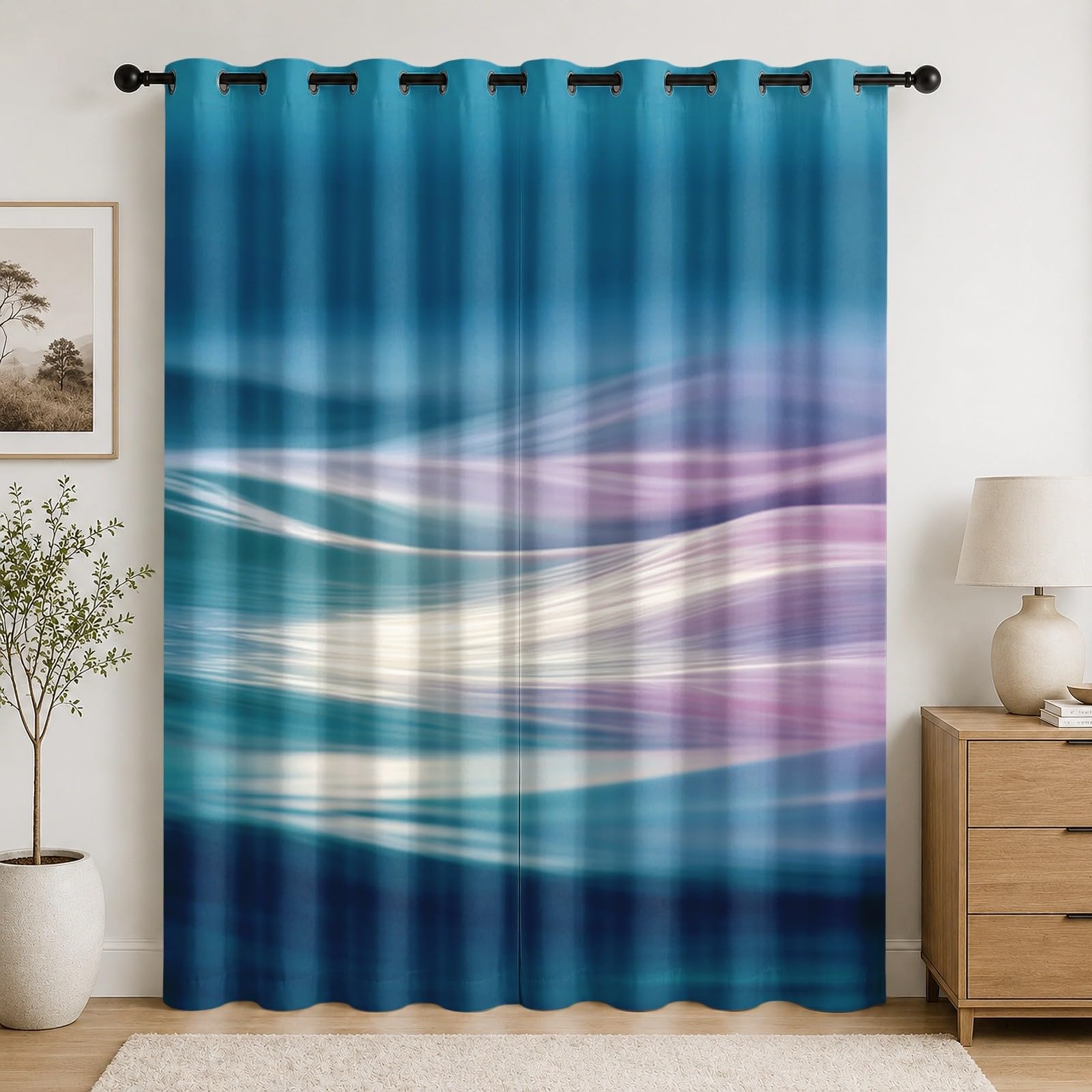 Rideaux bleu abstrait océan fluide en polyester résistant pour salon