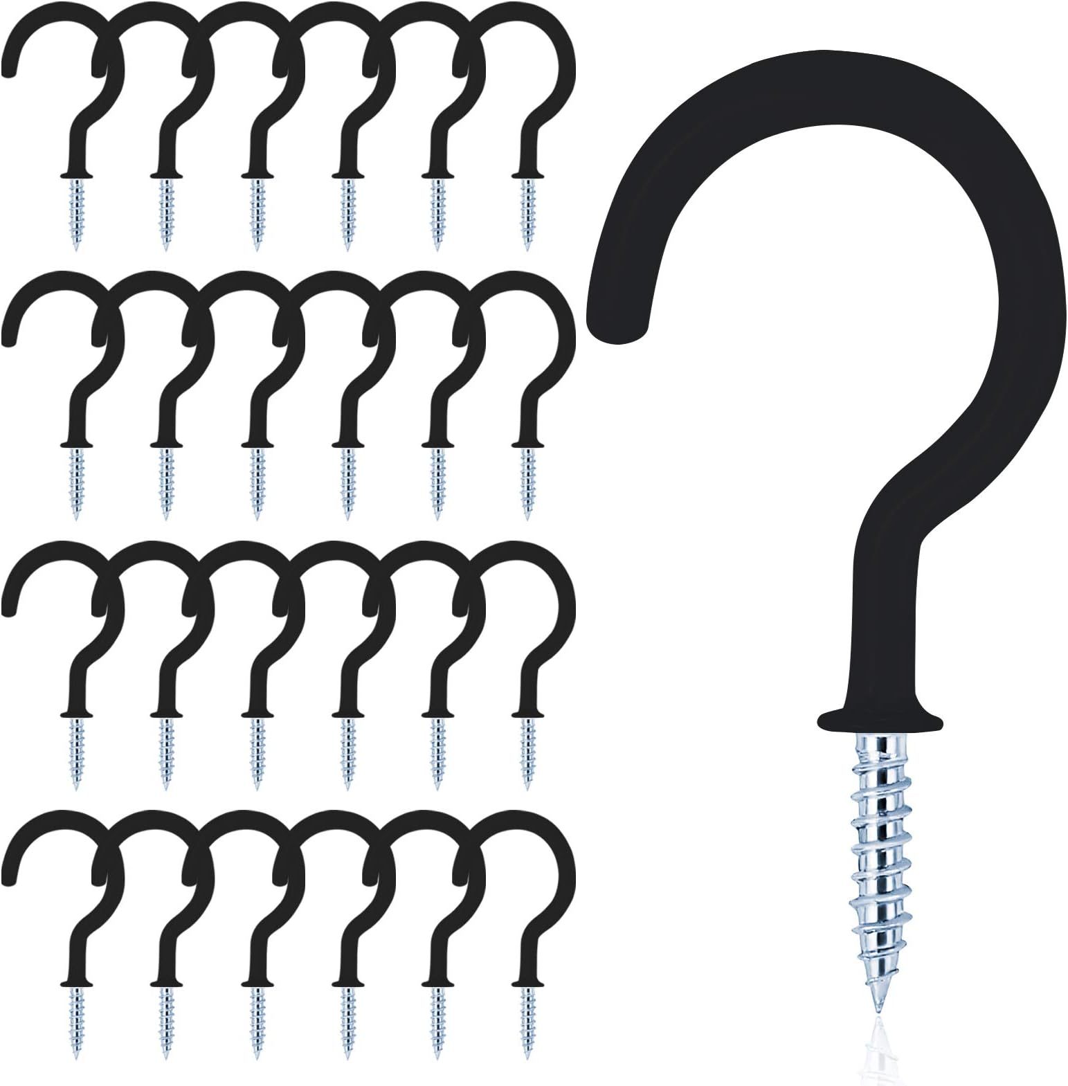 MJIYA 24 PCS Vinyl Coated Ceiling Hooks Question Mark Shape Hook Heavy Duty Screw Cup Hook for Bathroom Kitchen Wall Ceiling Hanging (Black1, 1 Inch)