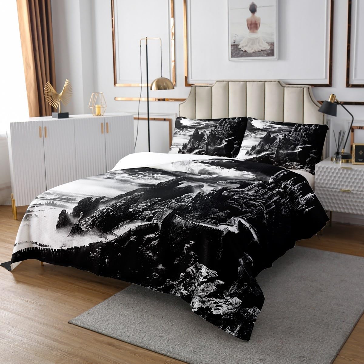 Erosebridal Gothic Bedspread Set Dragon Coverlet Set Fantasy Castle Dark Sky Quilt Set King,Vintage Mythical Animal Quilted Antique Prehistoric Wildlife Room Decor Aesthetic,Black