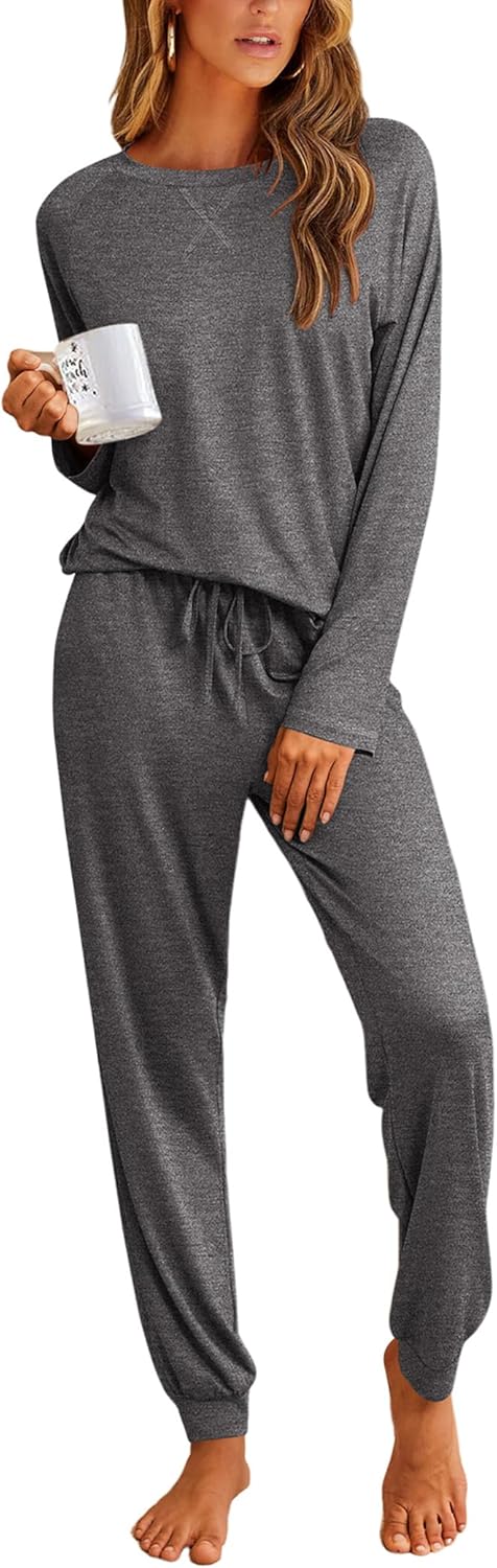 Ekouaer Pajamas Womens Long Sleeve Pj Set 2 Piece Loungewear Soft Comfy Sleepwear with Jogger Pants S-XXL