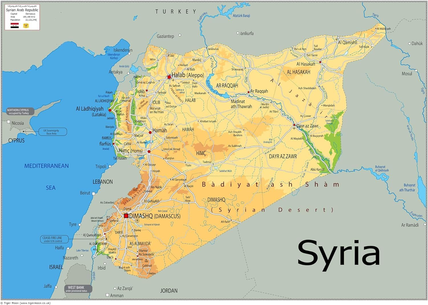 Syria Physical Map - 23.3 x 16.5 Inches - Paper Laminated