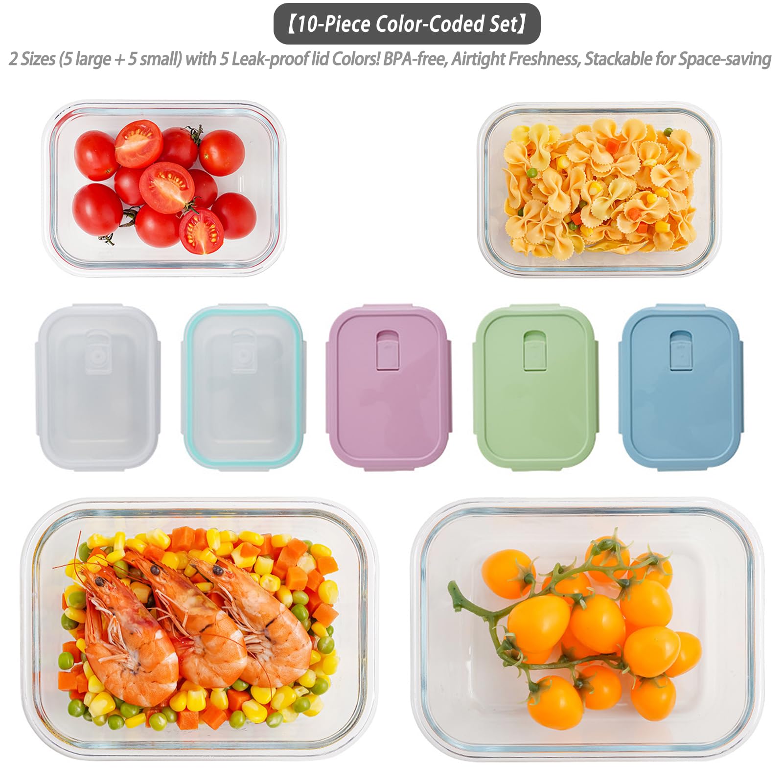 MerryNine Recipientes de vidrio para almacenamiento de alimentos, paquete de 10, 1040 ml y 370 ml, recipiente de preparación de comidas con tapas herméticas a prueba de fugas, reutilizable, seguro