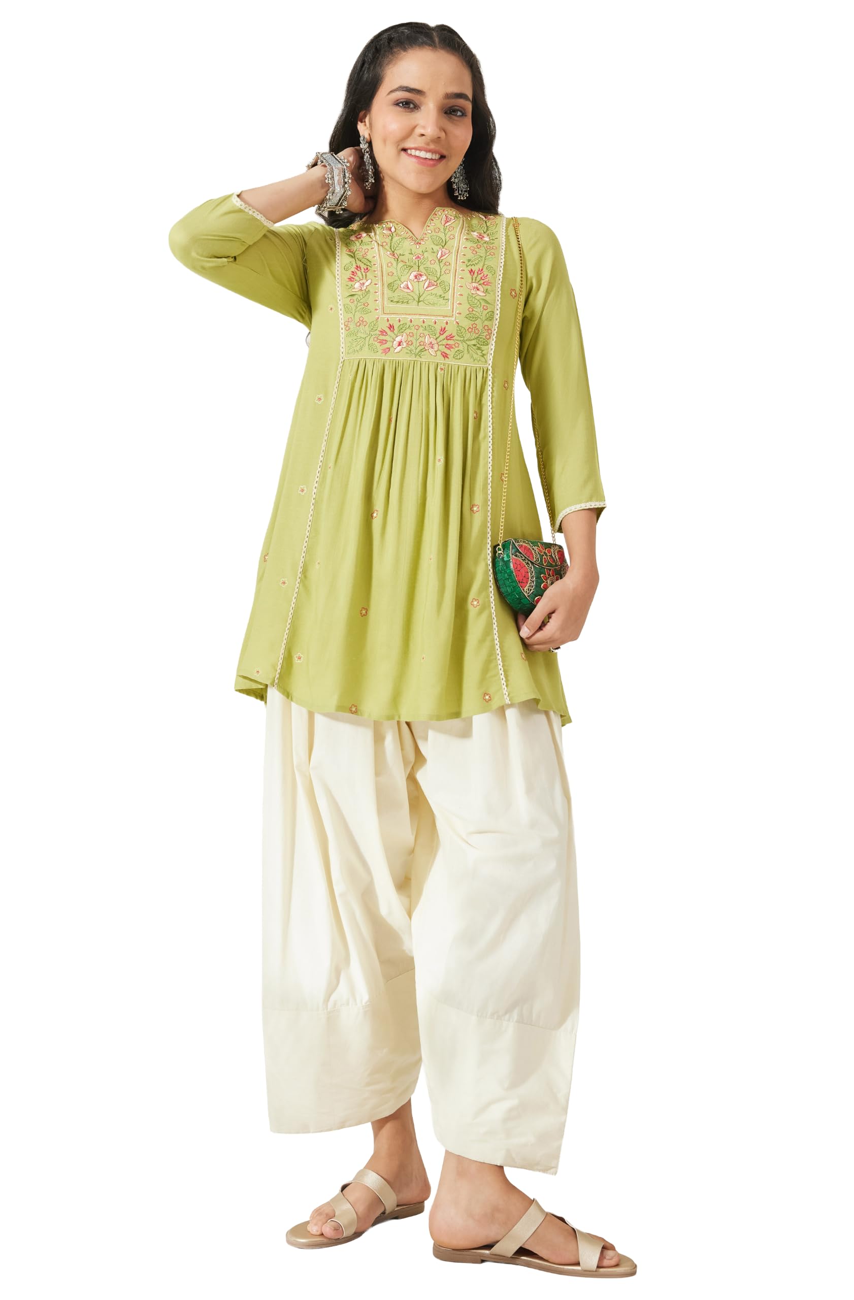 janasya Women's Lime Green Rayon Yoke Embroidered A-Line Tunic-picture-0