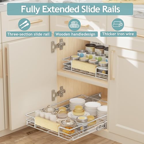 Miniatura 2 de LOVMOR Organizador de gabinete extraíble con mango de madera, 16 pulgadas de ancho x 21 pulgadas, organizador deslizante para cocina, despensa