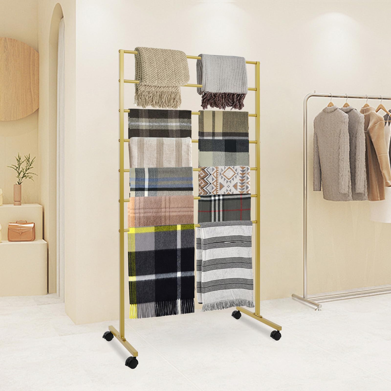 Floor Standing Scarf Display Stand with 360 Swivel Caster Wheels, Movable Freestanding Scarf Floor Standing Display Rack, Belt Shawl Hijab Organizer for Boutique Display (Gold)