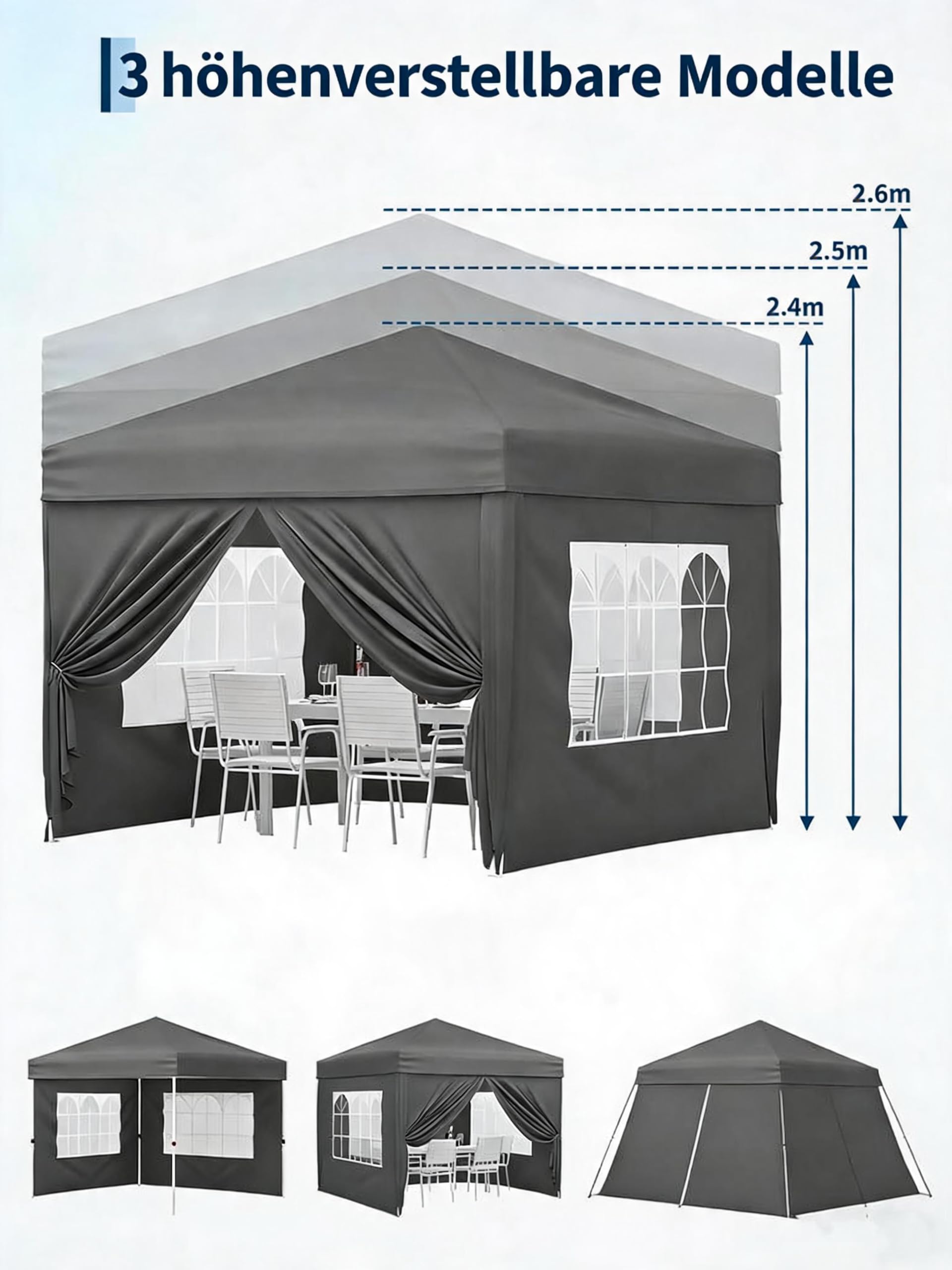 Faltbarer Pavillon, 3 x 3 m, wasserdicht, für den Garten, 4 Seitenwände mit Fenstern, UV-Schutz 50+, höhenverstellbar, robuste Stahlkonstruktion, inklusive Heringe, Seile, Sandsäcke und Tasche