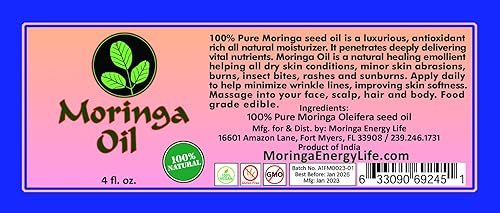 Miniatura 6 de Aceite de moringa, 100% puro, prensado en frío, aceite de moringa de 4 onzas, comestible de grado alimenticio, uso para rejuvenecer e hidratar cara,