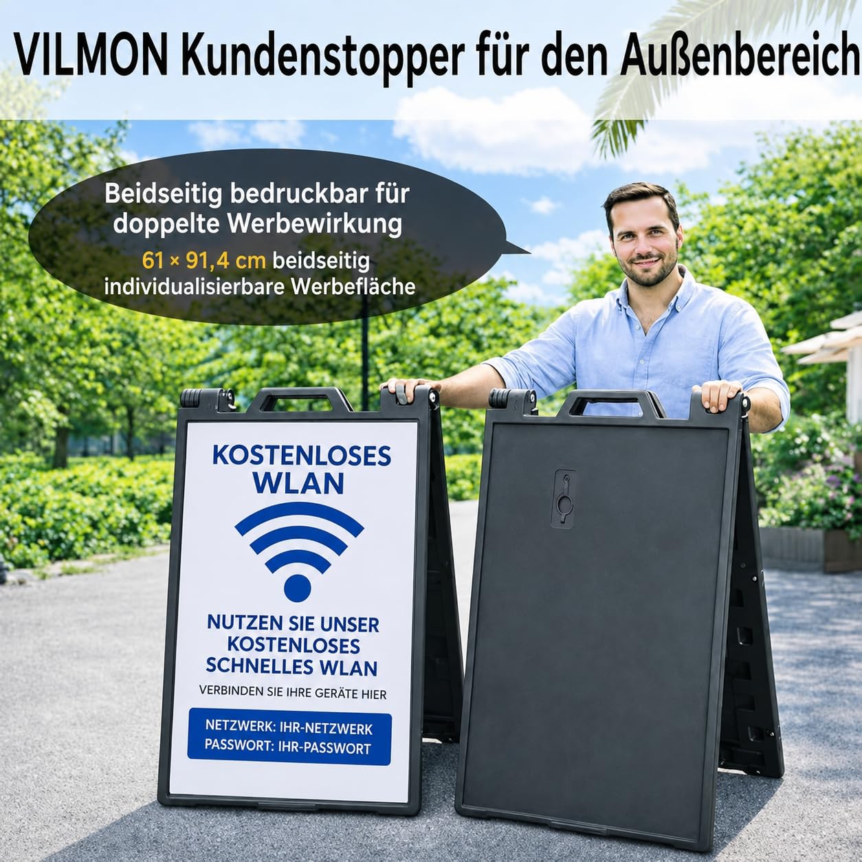 Outdoor A-Frame Kundenstopper, doppelseitiger Werbeaufsteller, ca. 104 × 65,5 × 6 cm, wasserbefüllbar, wetterfestes Gehweg-Sandwichboard für Außen- und Innenwerbung