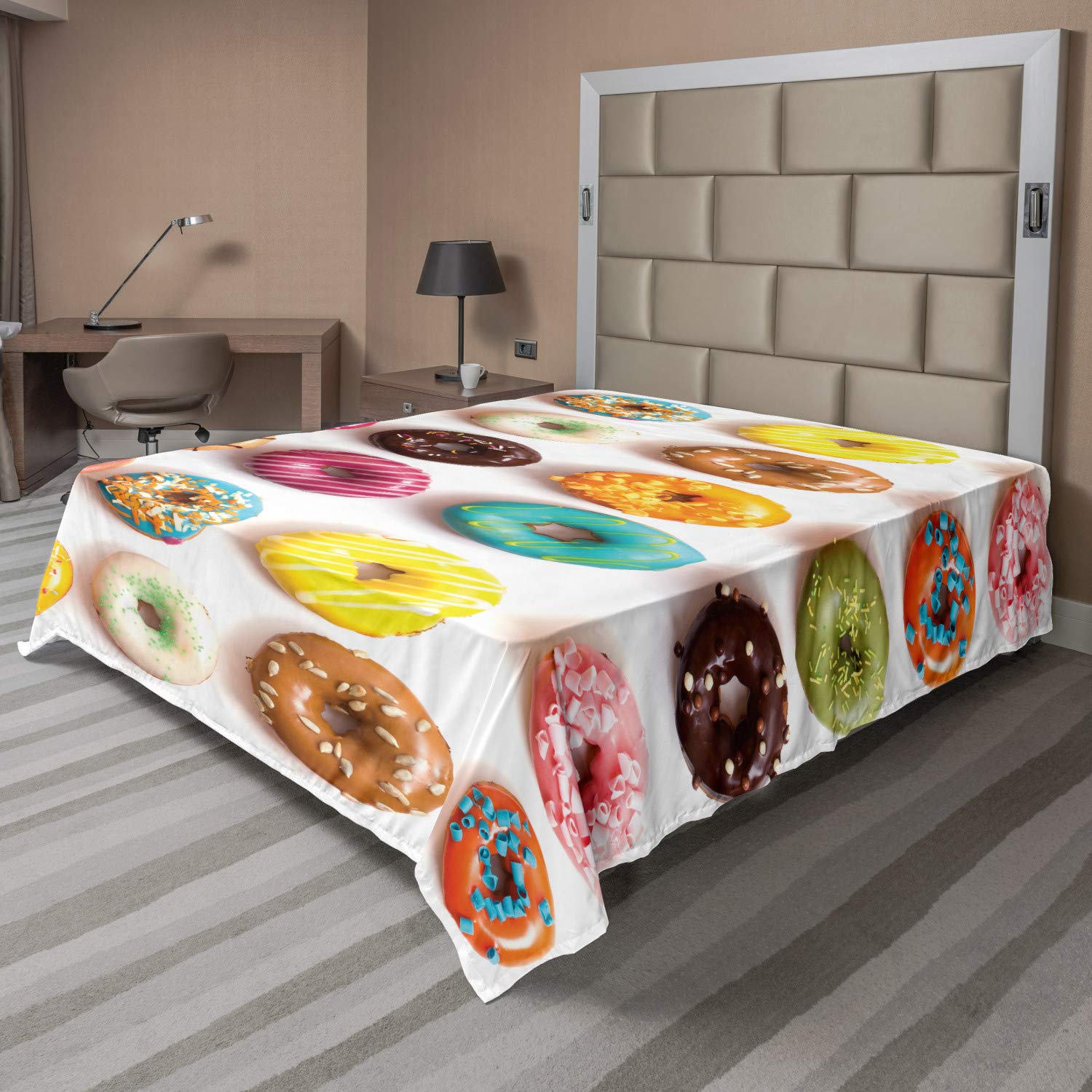 Ambesonne Dessert Flat Sheet, Bakery Themed Photo of Top View Colorful Delicious Donuts with Different Toppings, Soft Comfortable Top Sheet Decorative Bedding 1 Piece, King Size, Multicolor