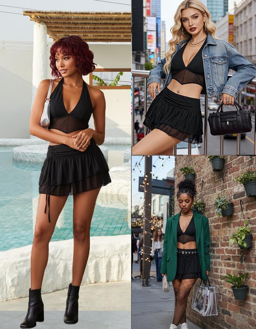 Avidlove Women‘s Mini Skirt Set Sexy Y2K Mesh Halter V Neck Crop Tops Mirco Ruffle Skirts 2 Piece Rave Festival Outfits S-XXL - Image 5