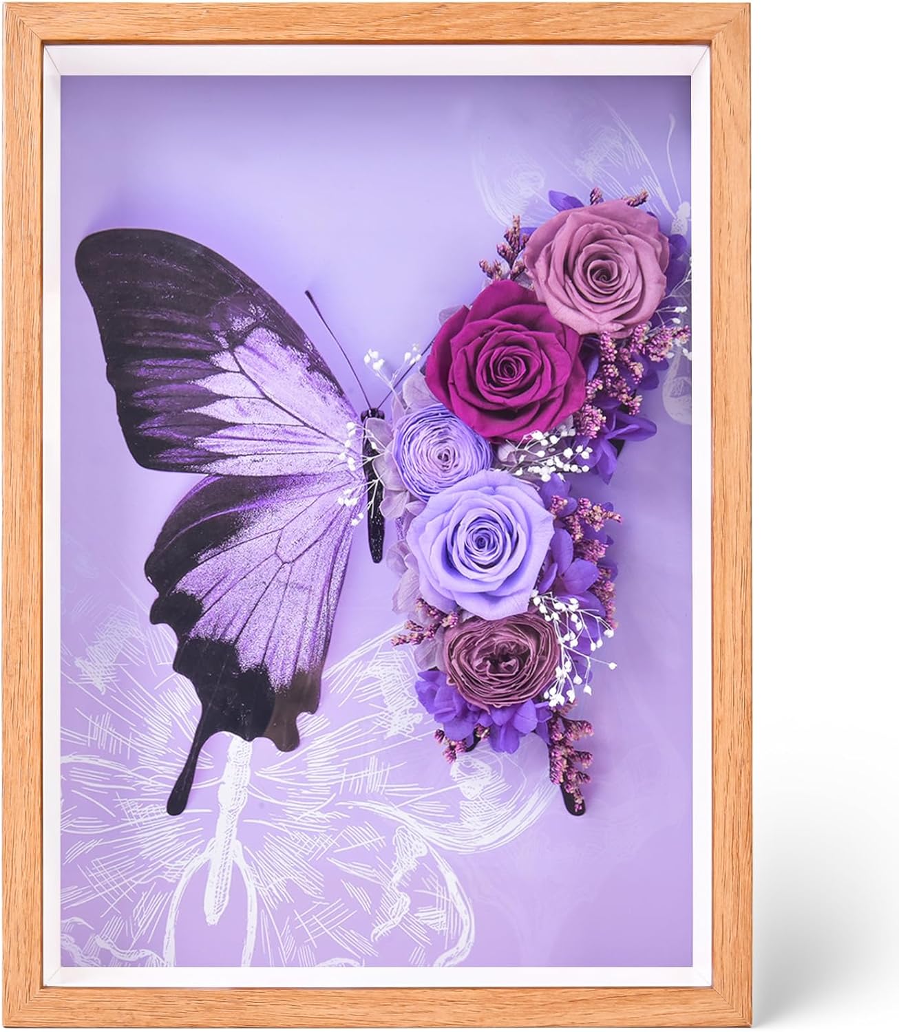 Preserved Flower Butterfly Shadow Box Frame, 3D Wall Art Decor with Roses, Elegant Home Decoration, Gift for Anniversary, Birthday, Wedding (Purple)