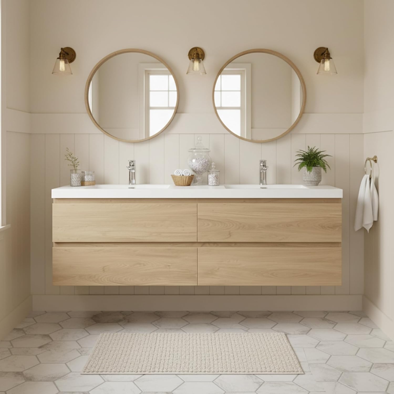TONA 72" Floating Bathroom Vanity with Sink Combo Modern Design with Invisible Handle, Wall Mounted Bathroom Storage with 2 Resin Top Basin and 4 Soft Close Drawers - (Natural Oak, Angela 72")