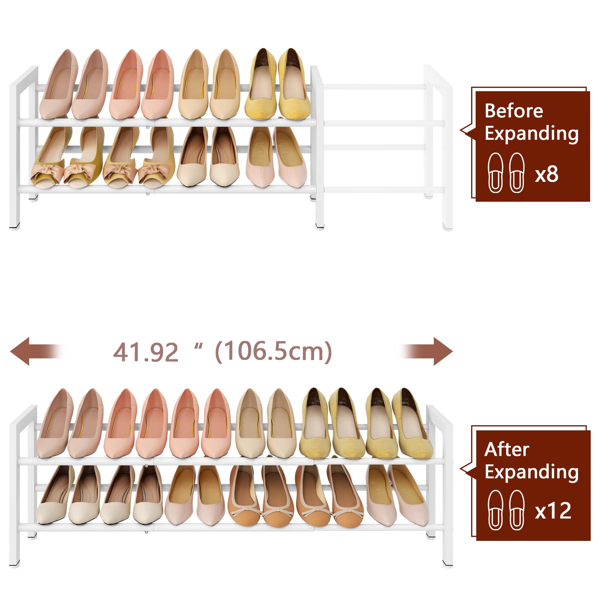 FAVOOSTY 2 Ebenen Schuhregal Metall Ausziehbares Weiß, Verstellbar Platzsparend, Shoes Rack, Robustes Schuhständer für Eingangsbereich, Schlafzimmer