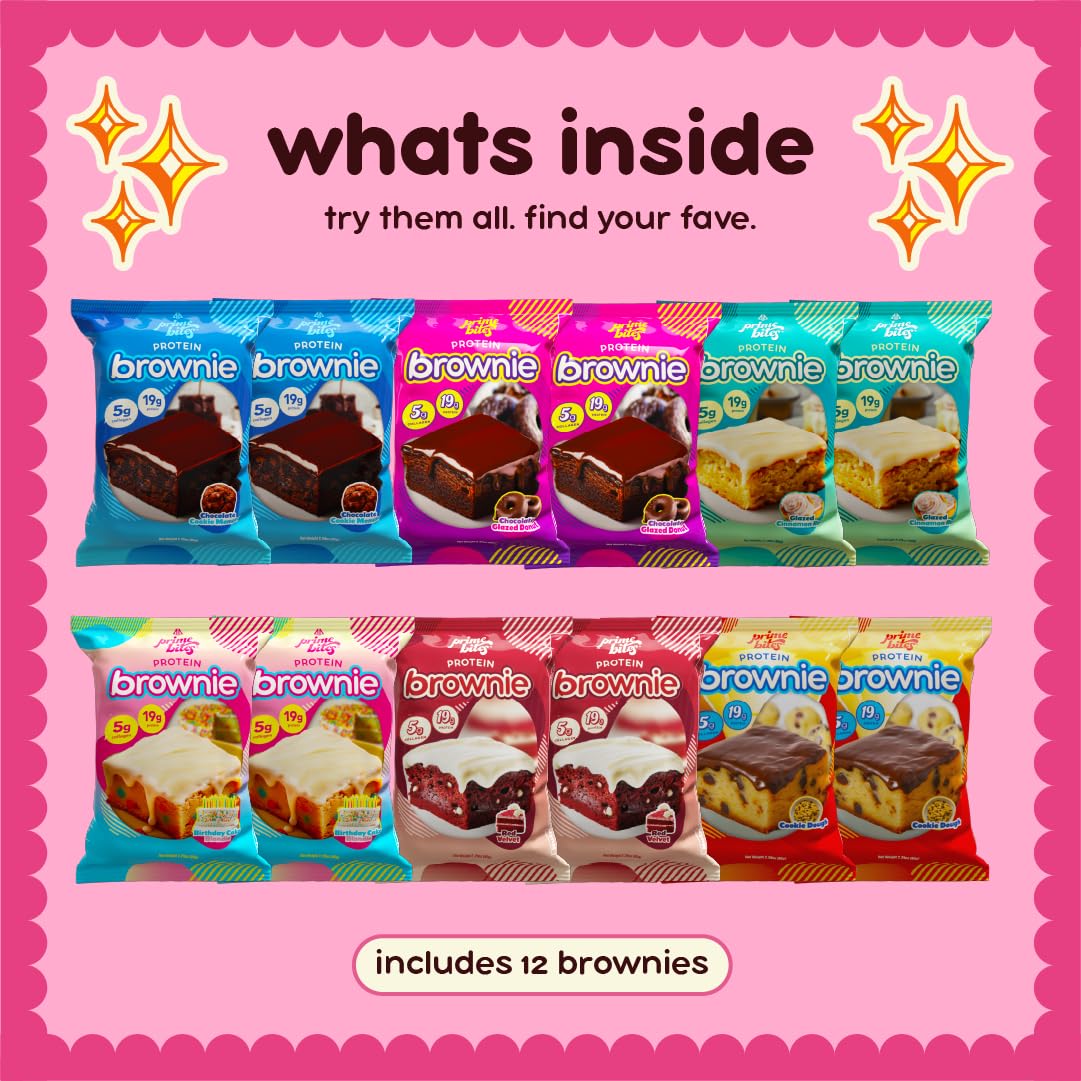 Prime Bites, snack ad alto contenuto proteico per brownie, a basso contenuto di carboidrati, confezione da 12 pezzi | 19 g di proteine, 5 g di collagene, senza glutine, dolcetto a basso contenuto di zuccheri, delizioso snack proteico